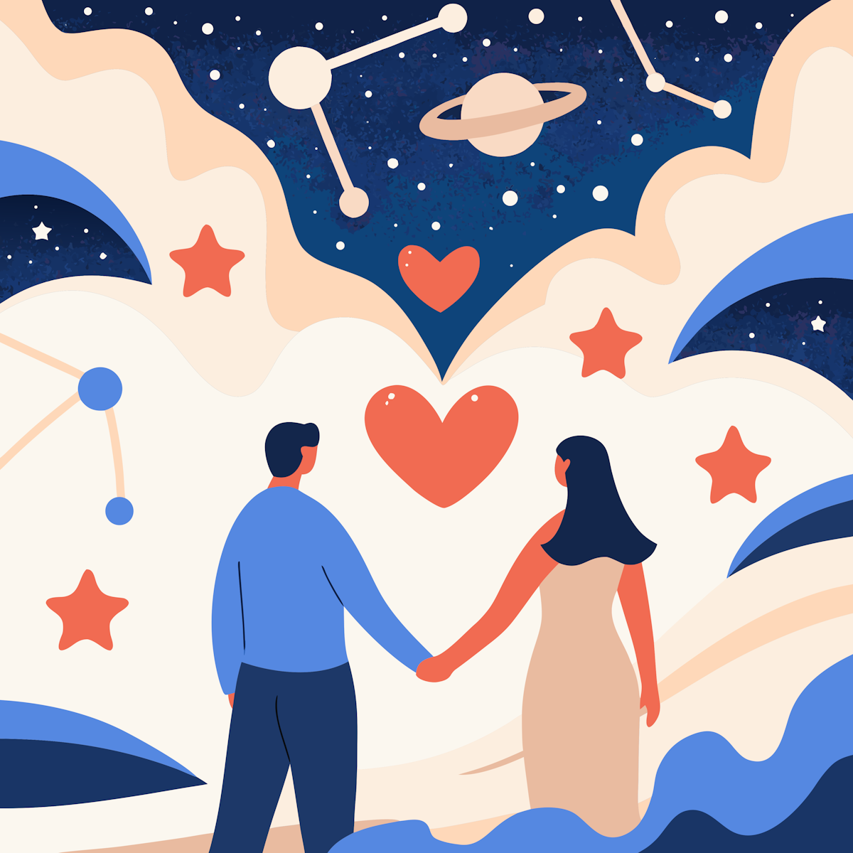 Illustration of a couple holding hands looking at a starry sky