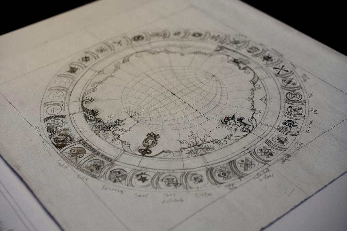 A hand-drawn astrological chart with zodiac symbols